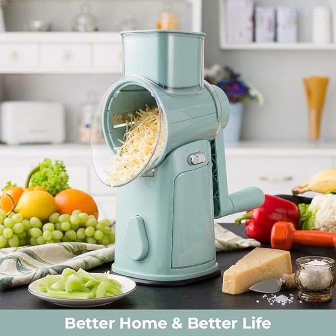 Rotary Cheese Grater Hand Crank, 10-Blade Shredder with Handle, Vegetable Slicer Mandoline Food Chopper, Strong Suction Base Kitchen Gadget for Cheese Vegetables Nuts – Green