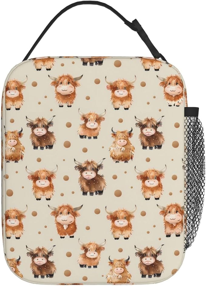 Reusable Highland Cow Lunch Box for Kids Girls Boys Women Adult, Insulated Cute Polka Dot Lunch Bag,Polyester Cooler Handbags Case for School Picnic Work Travel Outdoor Beach or Hiking
