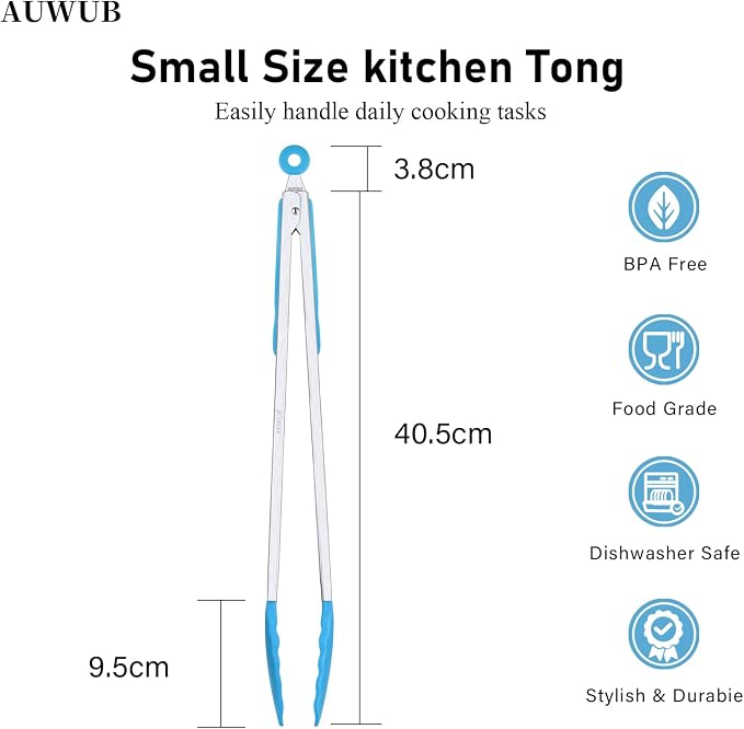 Salad Tongs, 16 Inch Silicone Food Tongs with 304 Stainless Steel Core & Non-Slip Grip in Blue Color