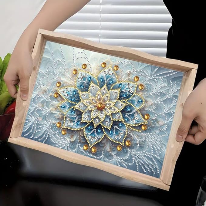 DIY Diamond Serving Tray Rectangular Breakfast Tray with Handle Handmade Diamond Art Painting Wooden Tray for Dinner Plate Coffee Room Living Home Organizer-Mandala