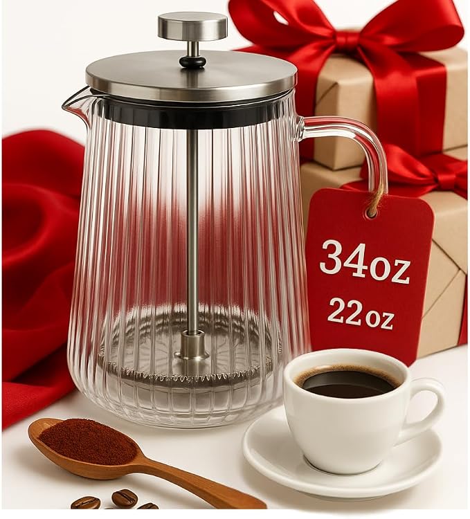 French Press Coffee Maker – Double-Wall Borosilicate Glass | Ribbed Manual Brewer with Stainless Steel Mesh Filter for Hot & Cold Coffee or Tea (34oz /1000ml)