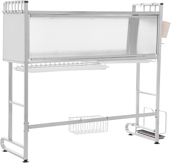 Over Sink Dish Drying Rack, 304 Stainless Steel Drying Drainer Rack with Flip Cabinet Door, Multifunctional Kitchen Storage Dish Rack for Plates, Bowls, Cups
