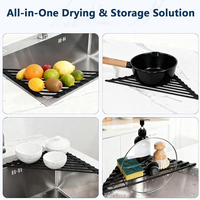 Credon Triangle Roll Up Dish Drying Rack Over The Sink, Triangular Sink Rack, Sink Corner Foldable Silicone Coated Stainless, Anti-Slip Organizer for Kitchen, Heat-Resistant, Non-Slip (Black)