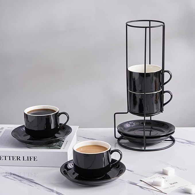 YOLIFE 8oz Porcelain Stackable Cappuccino Cups with Saucers and Metal Stand Set of 4, Coffee cups for Espresso, Specialty Coffee Drinks, Latte, Americano and Tea - Black