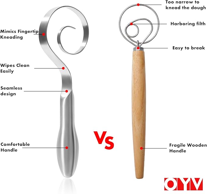 OYV Seamless Dough Whisk, 18/10 Stainless Steel Danish Dough Wisk, 9" Bread Whisk for Sourdough, Cookies, Pizza, Pastry, Dishwasher Safe Dough Hook