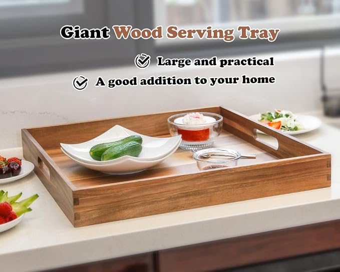 Large Ottoman Tray for Living Room, 20" Extra Large Wooden Tray for Ottoman Square Big Acacia Serving Trays with Handles for Coffee Table, Breakfast, Appetizers, Dinner