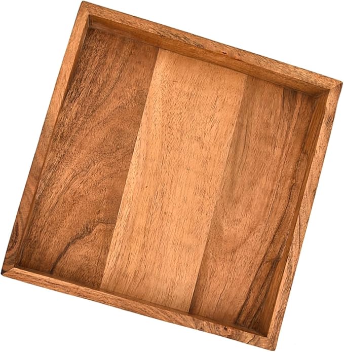 Nirman Serving Trays Acacia Wood with Engraved Design & Cutout Handles | Rustic Farmhouse Food & Drink Server (10" x 10" x 1.6")
