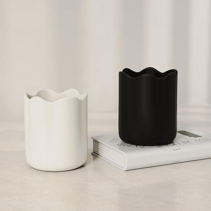 Ceramic Utensil Holder for Kitchen Counter, 6.2" Large Kitchen Utensil Holder for Countertop with Cork Bottom, Cooking Tool Organizer for Spatula, Matte White