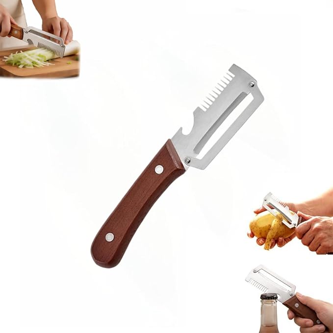 Vegetable Peeler, 3 in 1 Stainless Steel Wide Blade Peeler with Wooden Handle, Multifunctional Kitchen Peeler with Scallion Shredder and Bottle Opener for Potato Carrot Fruit Cucumber, 1 Pack