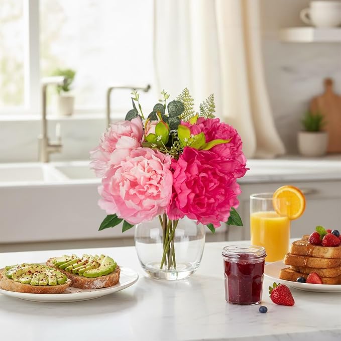 Hollyone Fake Flower Arrangements in Vase Pink Peonies Artificial Flowers Peony Bouquet Silk Floral Flower with Glass Vase with Faux Water for Home Decor Bathroom Coffee Table Centerpiece Decorations