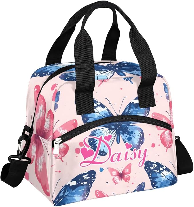 Personalized Butterfly Lunch-Bag for Women, Custom Insulated Cooler Lunch Box with Name, Leakproof-Reusable Lunch Tote Bag for Work Office Picnic - Pink Blue 2