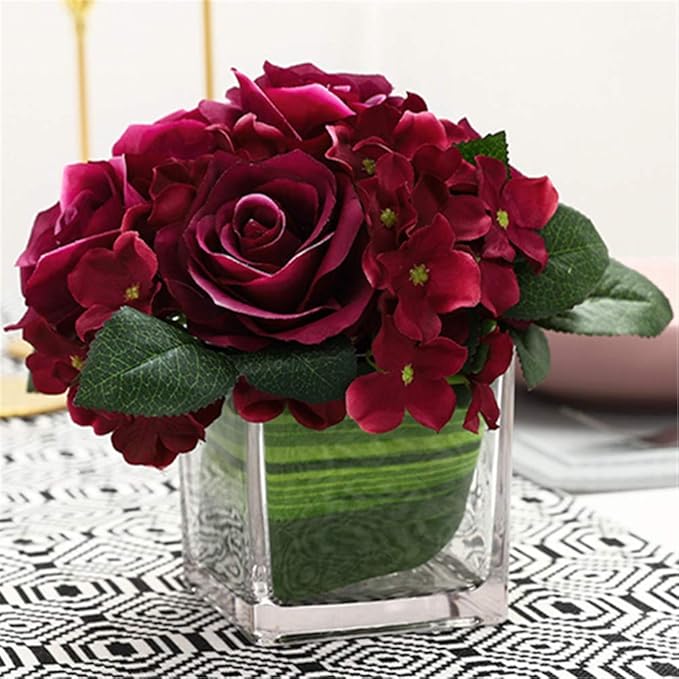 Fule Artificial Silk Rose Flower Centerpiece Arrangement in vase for Home Wedding Decoration (Dark Purple)