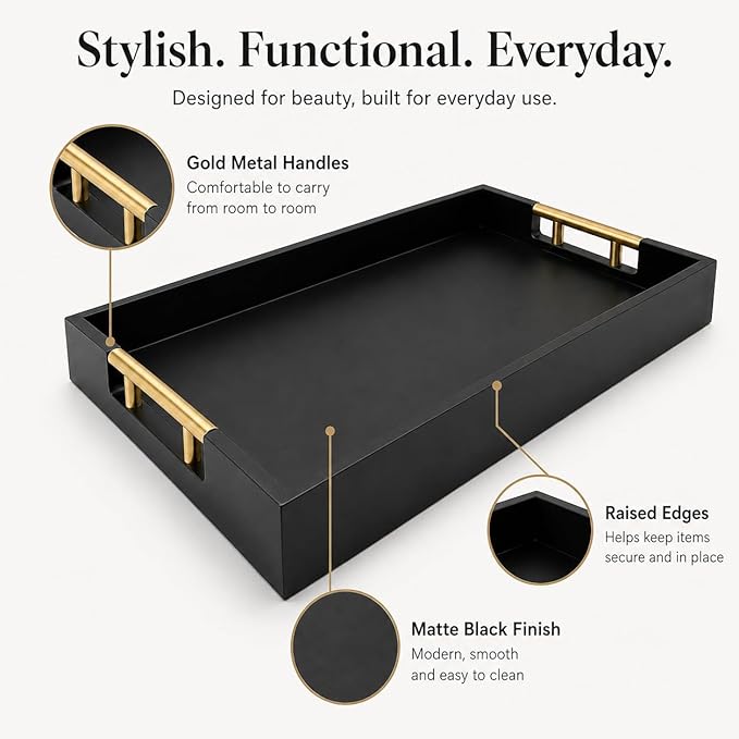 Luxury Black Ottoman Tray with Gold Handles – 12x17 Large Decorative Serving Tray for Coffee Table, Couch, Breakfast in Bed & Home Décor – Modern Wood Display Tray