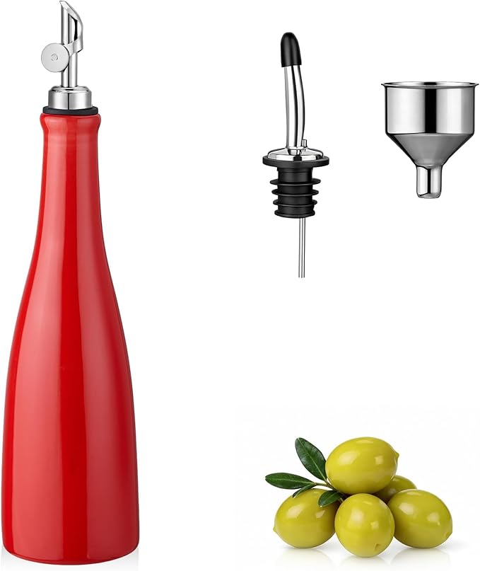 YOLIFE Olive Oil Dispenser Bottle, 20oz Ceramic Oil Dispenser for Kitchen, Oil Bottle with Gravity Spout, Leak Proof EVOO Dispensing Bottle with 2 Spouts and 1 Funnel for Vinegar, Juice(Red)