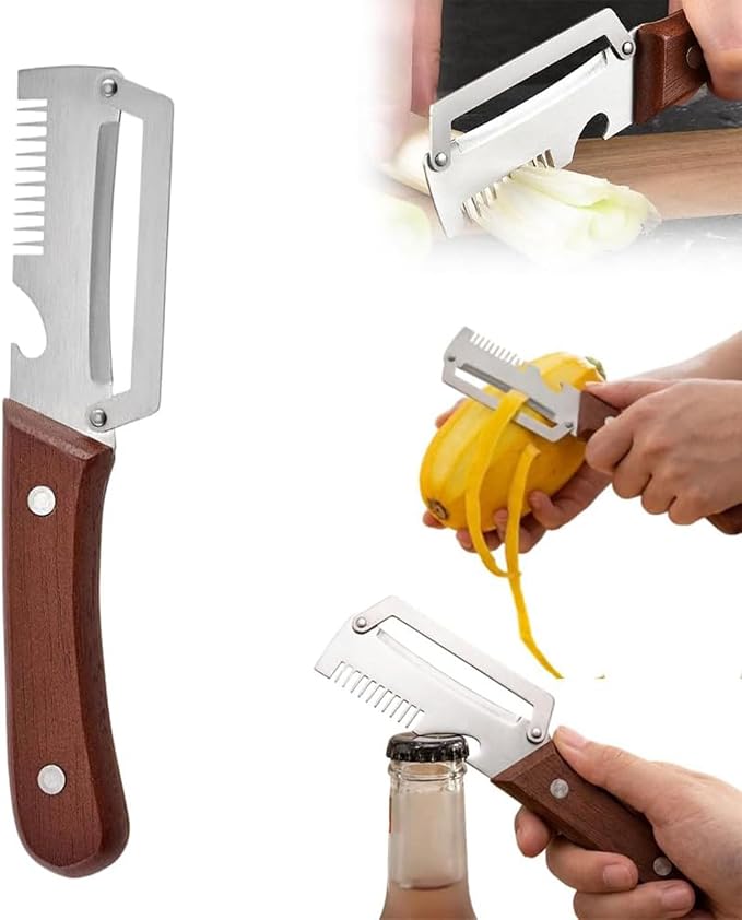 Multifunctional Stainless Steel Vegetable Peeler with Wooden Handle, Julienne Cutter & Bottle Opener for Potato, Apple, Carrot, Fruit and Veggie Prep (1PCS)