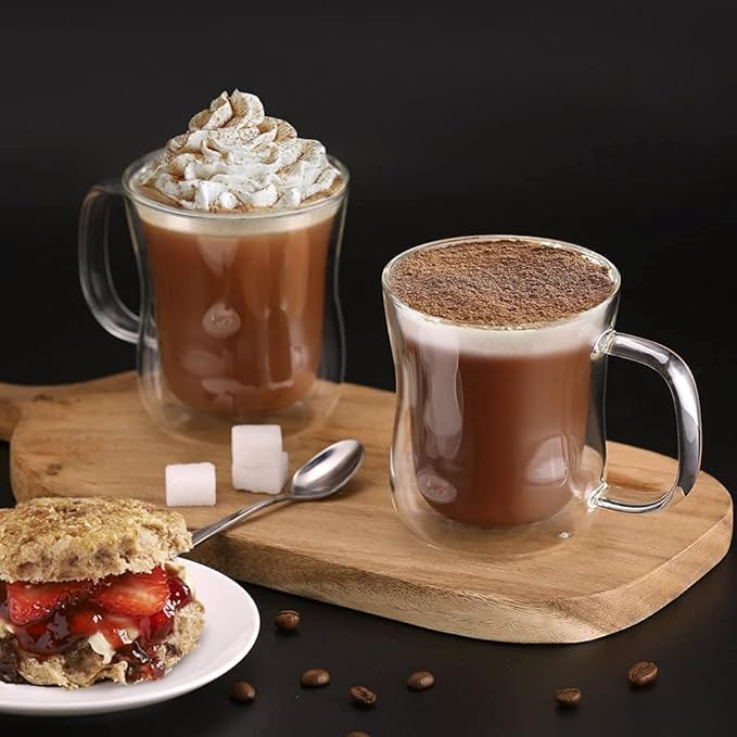 ecooe 12 oz Double Walled Glass Coffee Mug Latte Cappuccino Cups Set of 2, Clear Glass Coffee Cups with Handle, 350ml (full capacity) Coffee Cup Borosilicate Double Wall Glass Coffee Mug Tea Cups