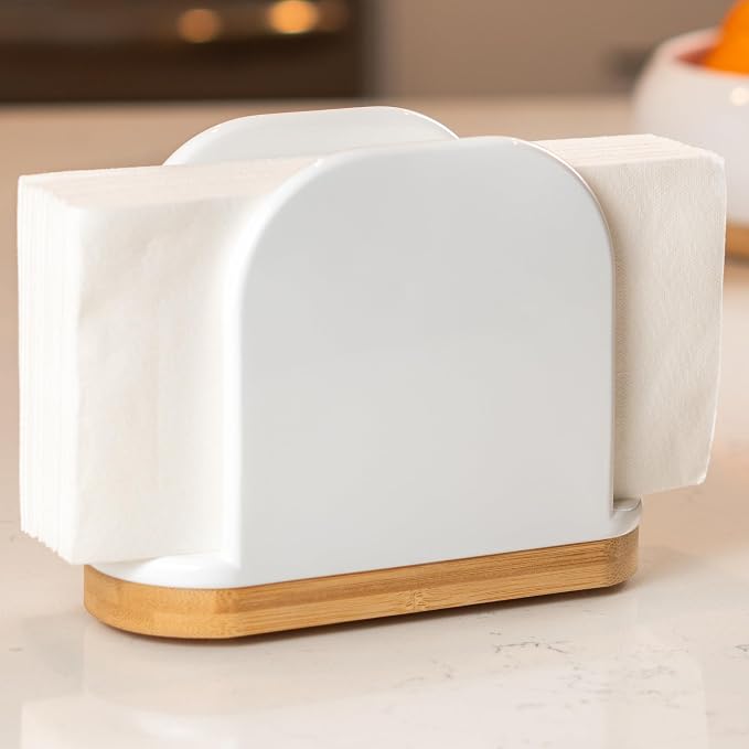 DAILY RITMO® White Standing Napkin Holder with Bamboo Bottom | Extended Weighted Base Vertical Design for Large Disposable Guest Towels & Paper Napkins | Modern Ceramic-Like Resin