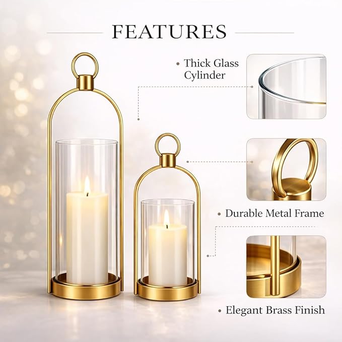 Gold Glass Candle Holder Set of 2, Modern Decorative Hurricane Candle Holders with Thick Glass Cylinder & Vintage Metal Frame for Table Centerpiece, Living Room, Shelf & Dining Table Decor