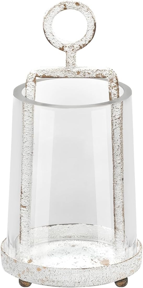 3.3" Wide Modern Farmhouse Metal Hurricane Candle Holder with Handmade Sturdy Glass Sleeve in Rustic White for Tealight Candle & Plants, Glass Hurricane Lantern, Industrial, Minimalistic