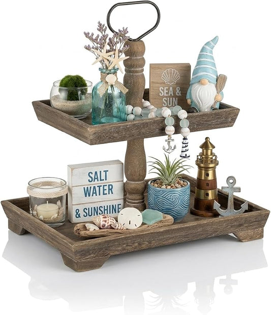 Hanobe 2 Tiered Decorative Trays Stand Coastal Beach Coffee Table Decor | Farmhouse Wood Display for Kitchen Counter, Rustic Brown