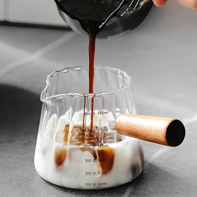 2Pcs Espresso Shot Glass, FHDUSRYO 6oz Espresso Cups with 2Pcs Coffee Measuring Spoon, Expresso Shot Cup with V-Shape Mouth, Milk Frothing Pitcher, Glass Measuring Cup Expresso Accessories (Clear)