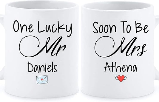 Customized Couple Mug For Valentines Day, Personalized One Lucky And Soon To Be Coffee Mug Gifts For Couple, Lover Gift, Set Of 2 Mug, Custom Women And Men Mug With Name, White 11oz Or 15oz