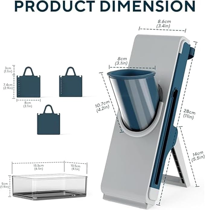 Eletronova Safe Mandoline Slicer for Kitchen, Vegetable Slicer with Container, French Fry Cutter, All in 1 Julienne Slicer for Potato, Thickness Adjustable, Detachable Blade, Dishwasher Safe（Grey-2）