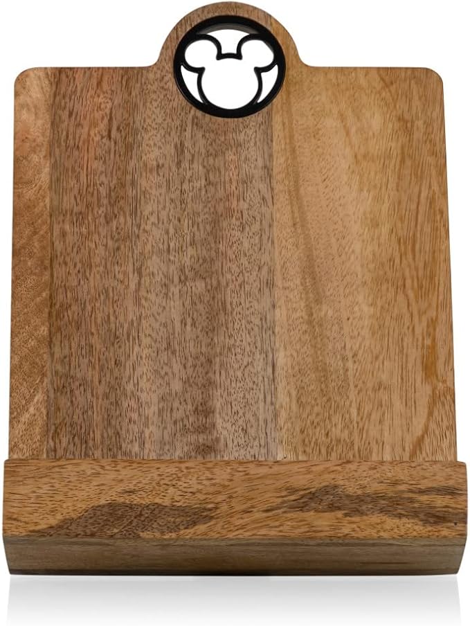 PICNIC TIME Disney Mickey Mouse Cookbook Stand and Tablet Holder, Mango Wood Folding Recipe Book Stand with Metal Mickey Icon, Countertop Kitchen Display Stand, (Mango Wood)