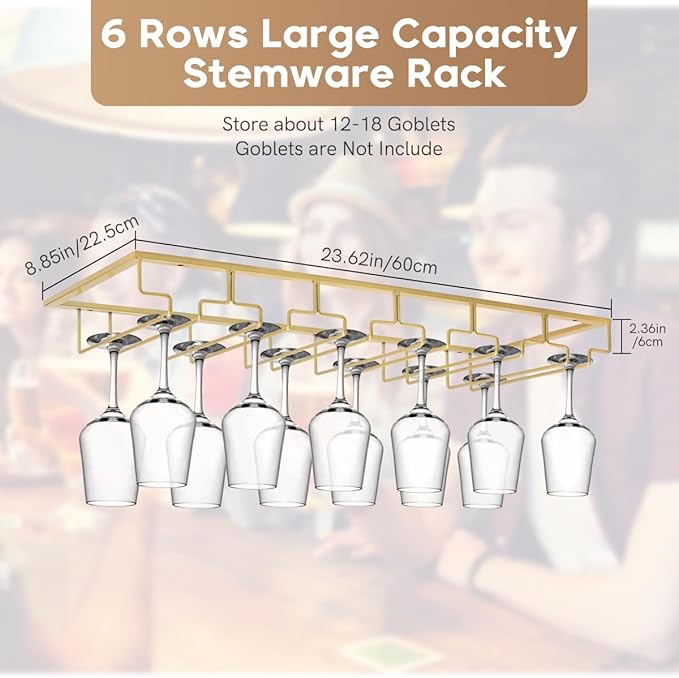 Xverycan Wine Glass Rack Under Cabinet, 6 Row Extreme Large Stemware Hanger, Metal Wine Goblet Holder, DIY Bar Glass Storage Rack for Bar Counter, Kitchen, Screws Included (Gold)