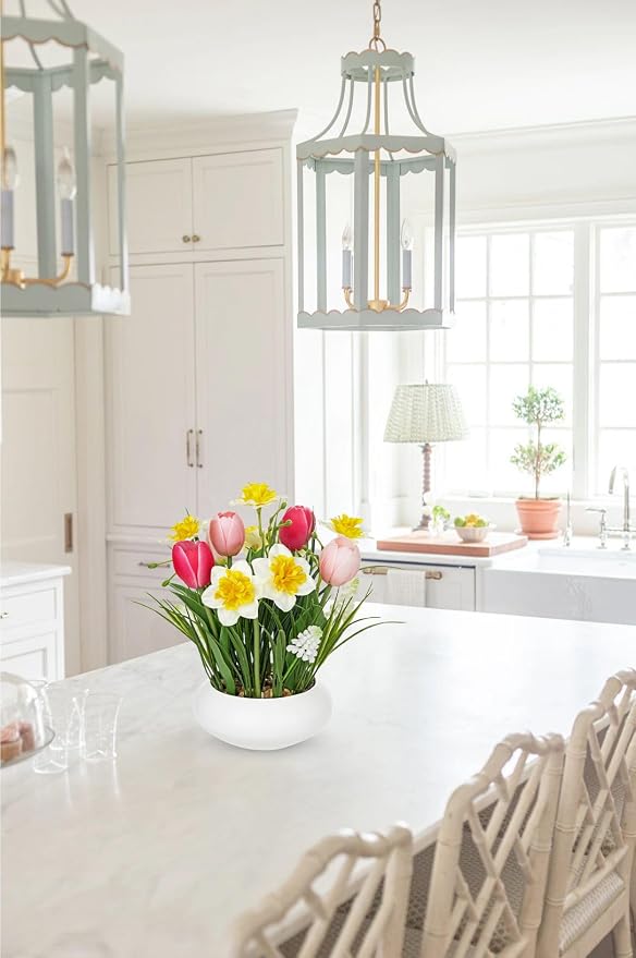 Hollyone Tulips Artificial Flowers with Daffodil Bulbs in Vase Fake Tulips Silk Flowers Arrangements with Ceramic Pot Daffodil Tulip Bulbs Floral Bouquet for Home Decor Table Centerpiece White Pink