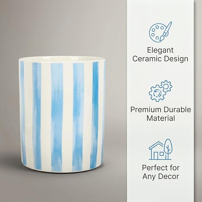 JarThenaAMCS Blue White Stripe Ceramic Utensil Holder Utensil Crock for Home Kitchen Countertop Storage Organizer Container