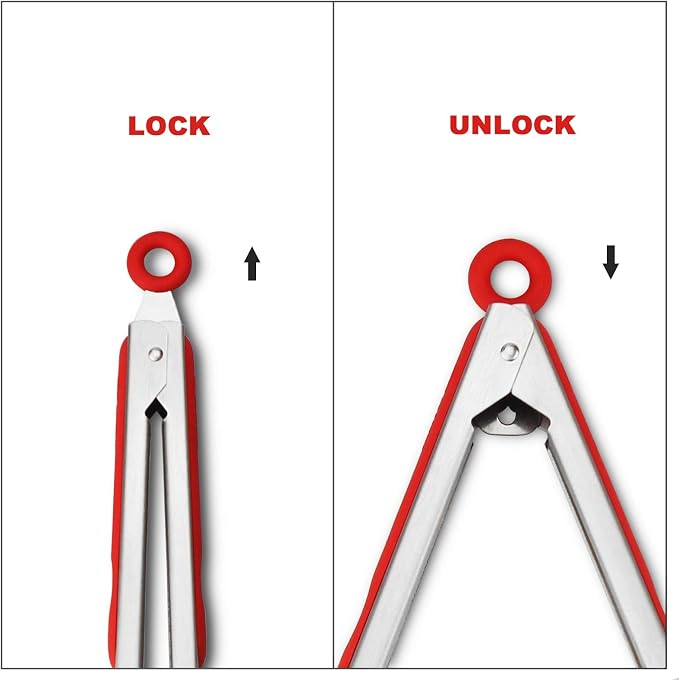 Premium 304 Stainless Steel Tongs Set – 12" Grill Tongs & 9" Cooking Tongs, Heat Resistant up to 600°F, Wavy Grip Head, Non‑Slip Handle with Locking Clip & Hanging Loop, Dishwasher Safe, Red