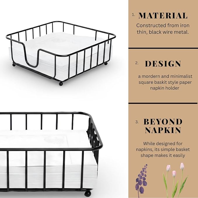 Flat Napkin Holder for Table Countertop, Modern Decorative Metal Square Paper Napkin Organizer Dispenser with Weighted Arm for Kitchen Dining Table Cocktail Restaurant - Black, (7x7x2.5)