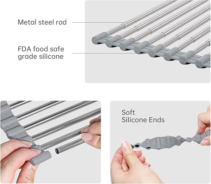 Large Expandable Roll Up Dish Drying Rack, Heat-Resistant Dish Drainer for Stainless Steel Sinks, Over The Sink Non-Slip Silicone Rollable Dish Drainer Roll Rack 18 Tube Gray 21.25''x12.79''