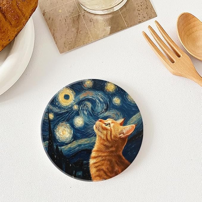 Ceramic Stone Cork Coasters for Drinks Tableware, Orange Cat Gazing at Starry Night Round Absorbent Durable Aesthetic Art Cup Mat Protects Tables and Surfaces Set of 1 (4 * 4 Inch)