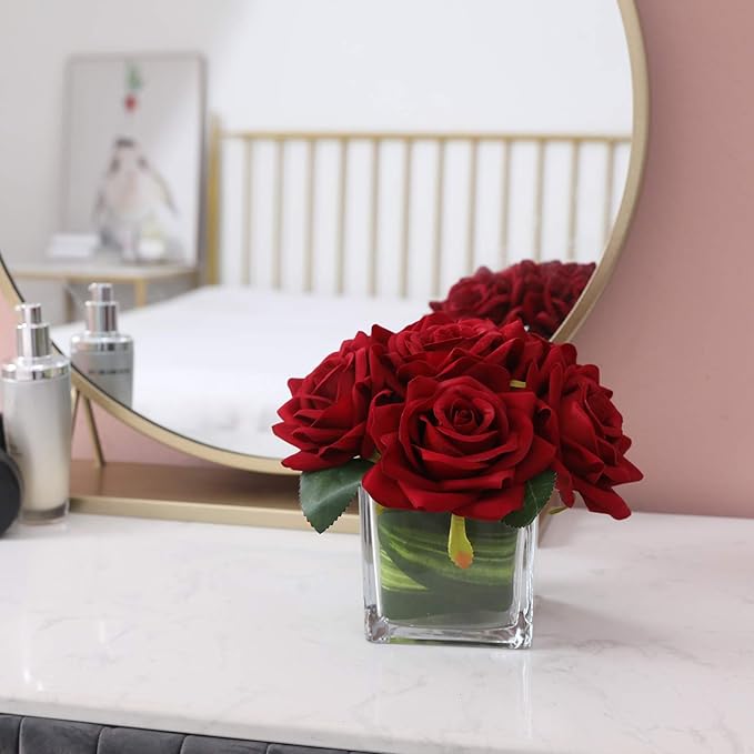 Fule Artificial Velvet Rose Flower Centerpiece Arrangement in vase for Home Wedding Decoration (Burgundy)