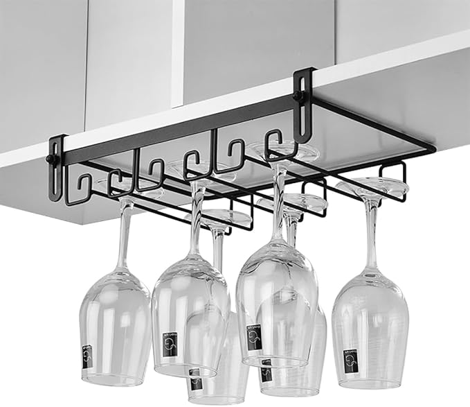 CAKERS Creative Wine Glass Holder|Under Cabinet Iron Art Stemware Rack|Hanging Wine Glass Drying Holder For Kitchen Bar Restaurant,Black,3 Rows