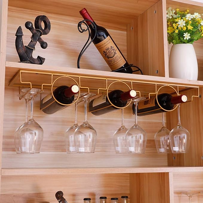 Hanging Wine Glass Rack and Bottle Holder, Under Cabinet Stemware Rack Glass Holder, Retro Wine Glass Drying Rack for Bar Kitchen Pub(Black,Gold)