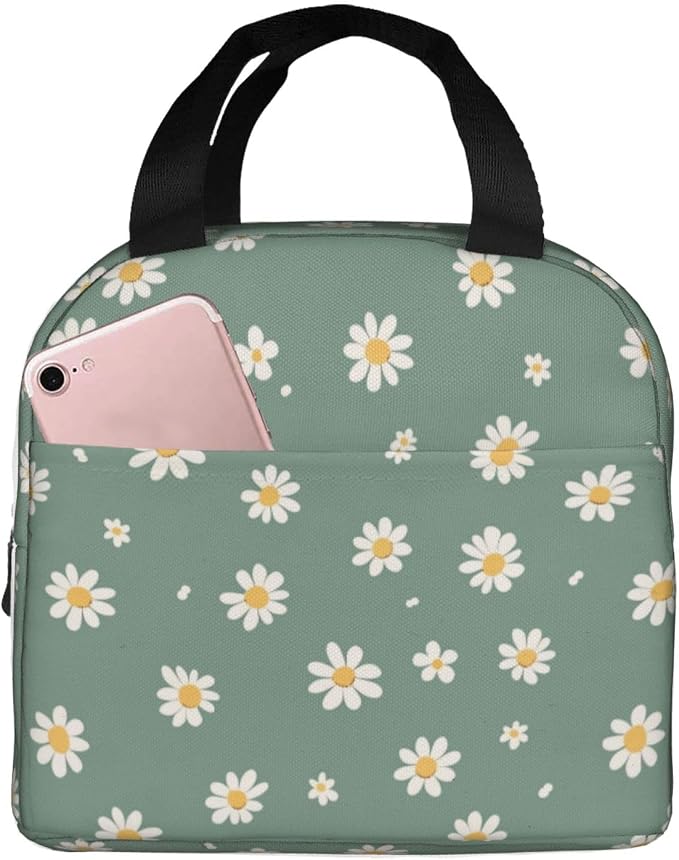 Lunch Bag Daisy Flower Green Insulated Lunch Box Reusable Cooler Tote for Adults Student Girl Boy Work Office School Picnic Over 3 Years Old