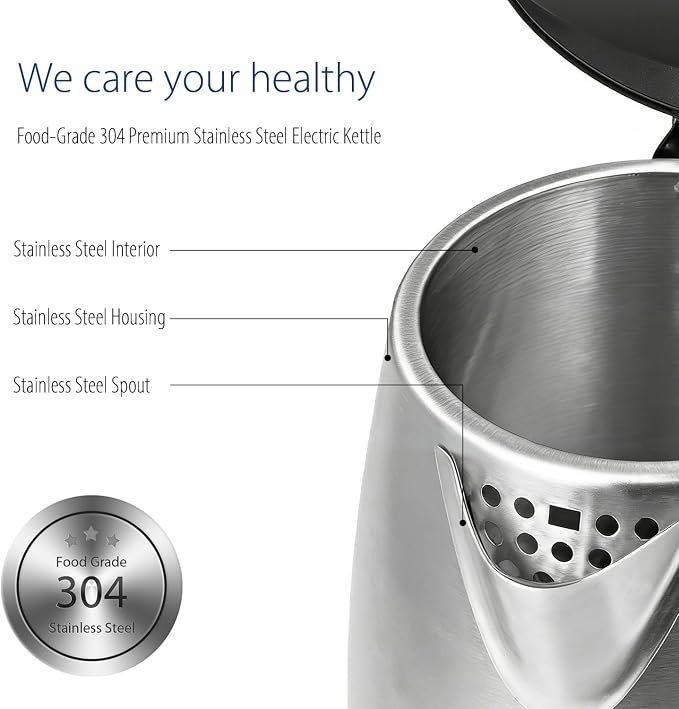 COMFEE' Stainless Steel Electric Kettle, 1.7 Liter Tea Kettle Electric & Hot Water Kettle, 1500W Fast Boil with LED Light, Auto Shut-Off and Boil-Dry Protection