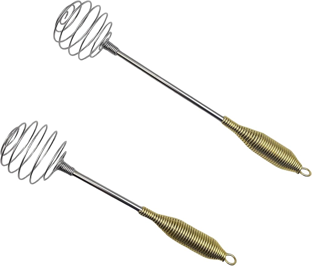 2Pack Spring Egg Whisks with Golden Coil Handle, Easy Grip Handheld Balloon Whisk Egg Beater for Quick Whisking, Beating, Stirring