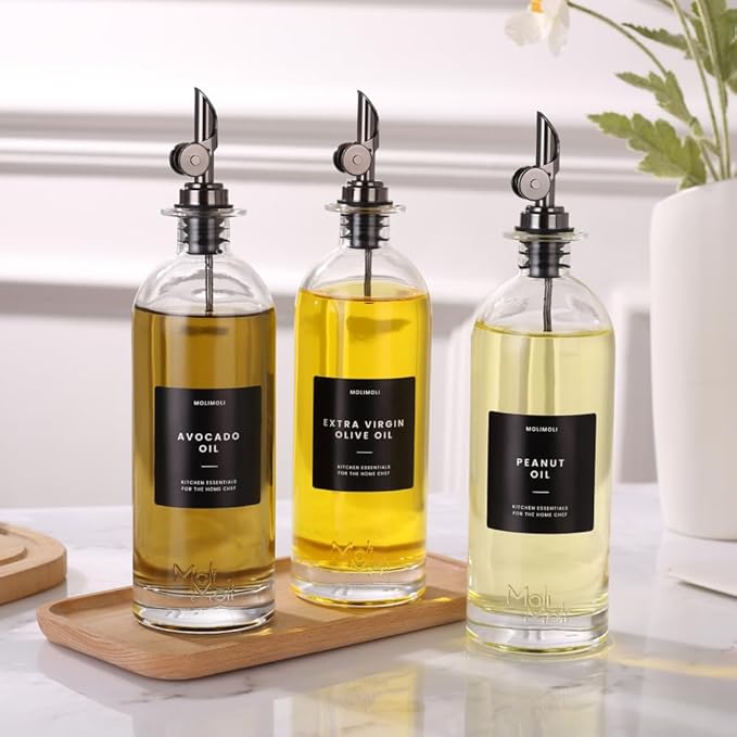 Molimoli Oil and Vinegar Dispenser with Metal Pour Spout, Weighted Pourer, Glass Bottle Dispenser for Kitchen, Olive Oil Cruet, Glass Olive Oil Bottle | 500ml, Set of 2