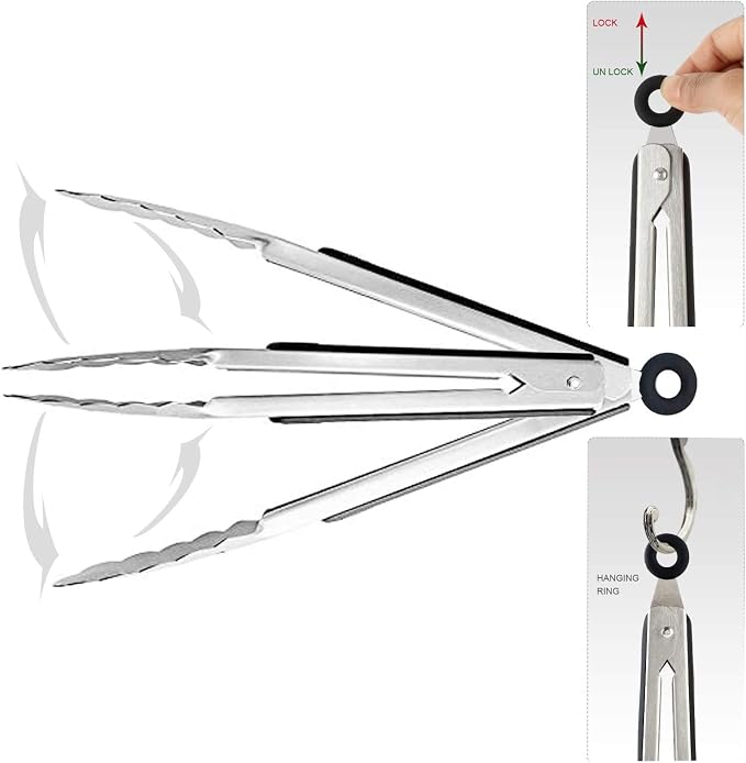 TENTA TENTA KITCHEN 9" Stainless Steel Kitchen Tongs, Locking Metal Food Tongs Non-Slip Grip (Set of 3)