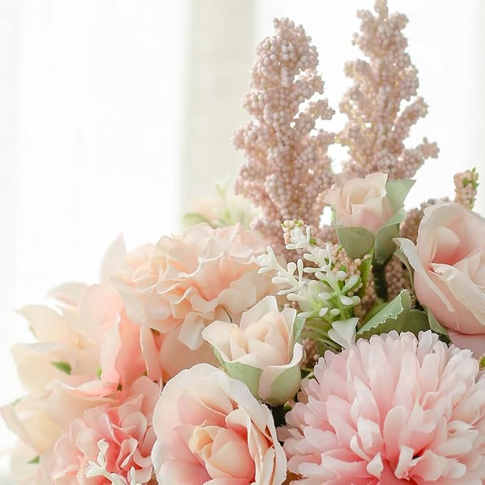 TKAS Artificial Faux Silk Fake Flowers Arrangement, Small Realistic Roses & Hydrangea in Ceramic Vase, Dining Table Centerpiece for Wedding Party Home Decoration (Pink)