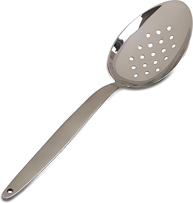 Chef Kunz Perforated Spoon | 9 Inch Silver 18/10 Stainless Steel Plating, Basting, Quenelle, Plating Spoon for Draining and Serving, Dishwasher Safe (Perforated)