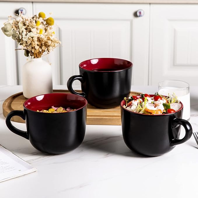 AmorArc 24 oz Soup Mugs with Handles, Jumbo Ceramic Bowls Mugs Set with handles for Coffee Cereal Cappuccino Snacks, Microwave&Dishwasher safe Soup Cups for Meal-Burgundy