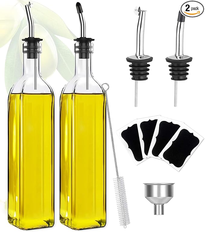 Showvigor Olive Oil Dispenser Bottle, Vinegar Cruet Bottle 17oz/500 ml, Square Tall Glass Oil Container with 2 Stainless Steel Pourers, 4 Labels,1 Brush and 1 Funnel Oil Bottles for Kitchen(2 Set)