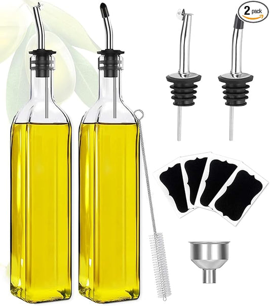 Showvigor Olive Oil Dispenser Bottle, Vinegar Cruet Bottle 17oz/500 ml, Square Tall Glass Oil Container with 2 Stainless Steel Pourers, 4 Labels,1 Brush and 1 Funnel Oil Bottles for Kitchen(2 Set)