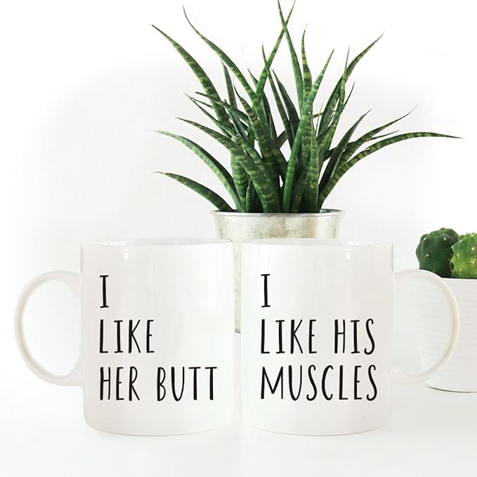 Andaz Press 11oz. Ceramic Ceramic Valentines Day Coffee Mugs Wedding Anniversary Couples Gift Set, I Like Her Butt, I Like His Muscles, 2-Pack, Anniversary His Hers Girlfriend Gym Boyfriend Cups
