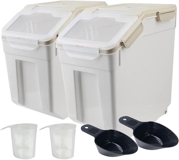 Saim Large Flour Storage Container Bin 50lb, 2Pack Airtight Rice Storage Containers with Wheels Seal Locking Lid, Dry Food, Sugar, Baking Supplies, Rice Dispenser Set with Measuring Cup & Scoop - Grey
